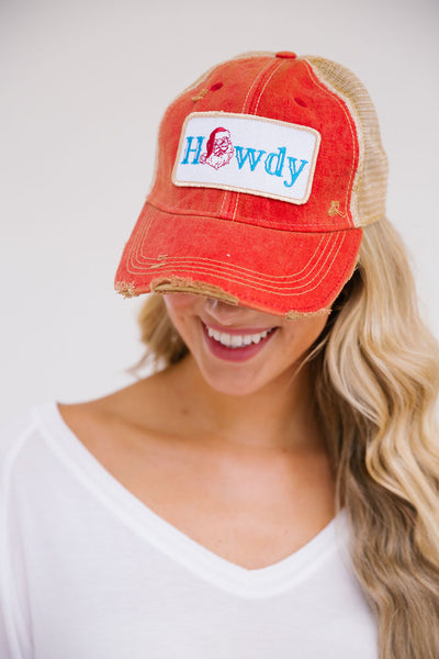RED DISTRESSED CHRISTMAS HOWDY HAT
